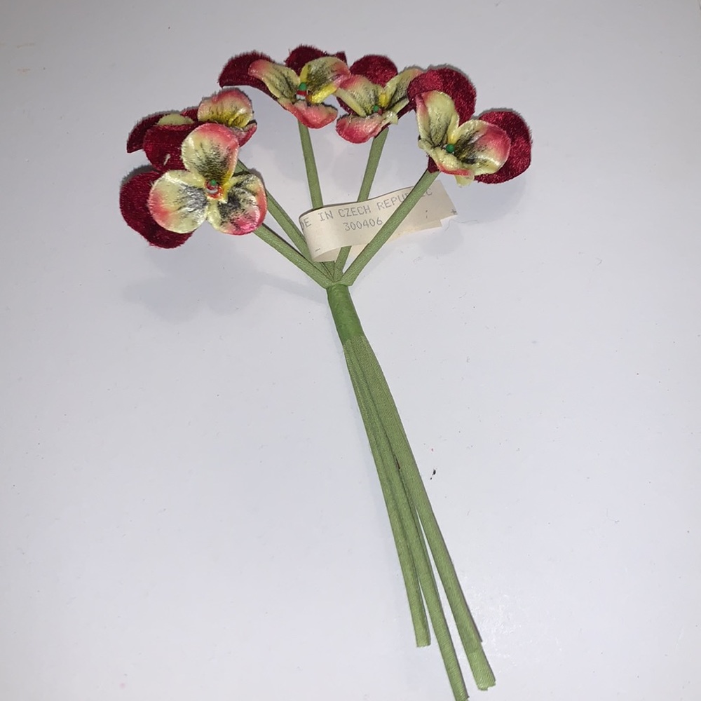 Vintage  Velvet Flowers from Czech Republic Red Pansy Bouquet